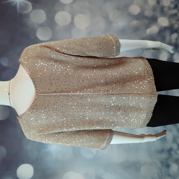 H by Halston sz XL Sequined Sparkling Bling V-Neck Sweater - Champagne Tan - Picture 4 of 6